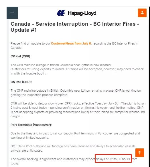 North American wildfires cause supply chain disruption risk, shipping company issues 96-hour delay(图1)